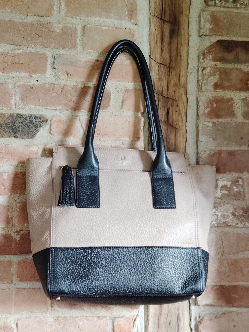 Kate Spade Two-Tone Pebbled Leather Beige and Black Colorblock Tote Large